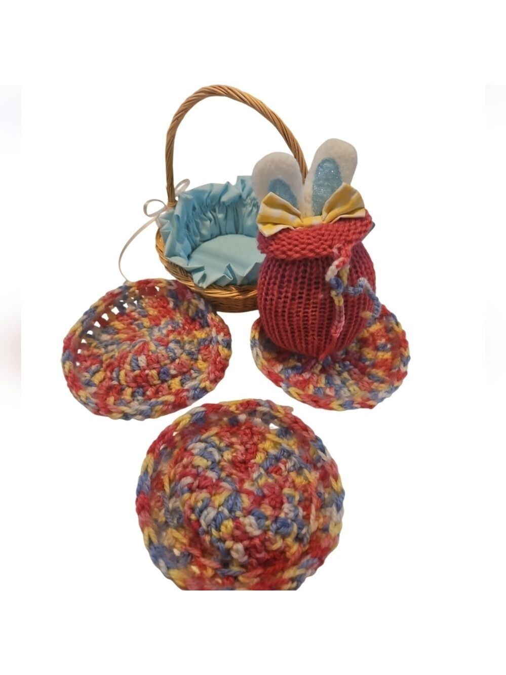Wicker Basket with Blue Lining 4pc Set Crochet Coasters Spring colors Fabric Egg